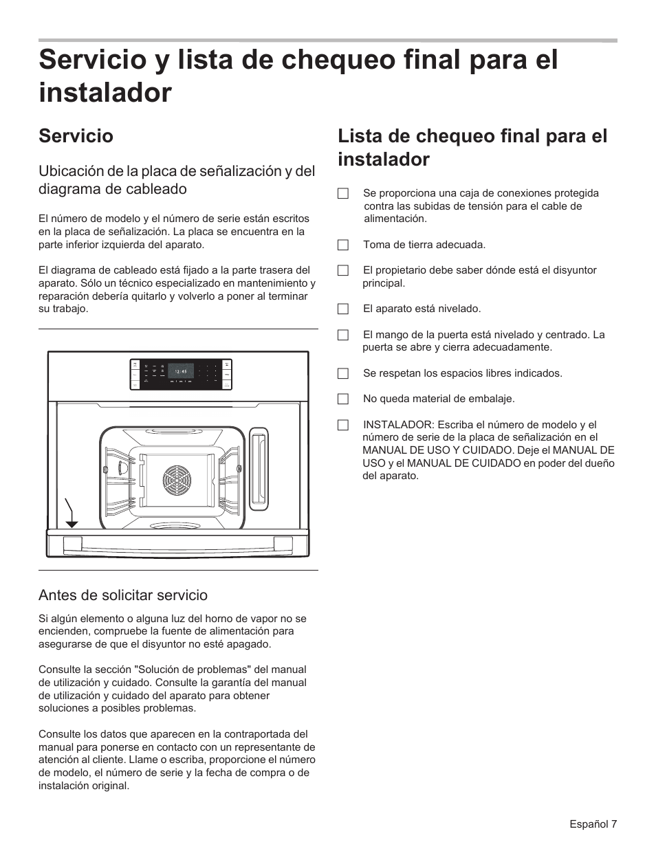 Servicio, Lista de chequeo final para el instalador, Antes de solicitar servicio | Bosch HSLP451UC User Manual | Page 25 / 26