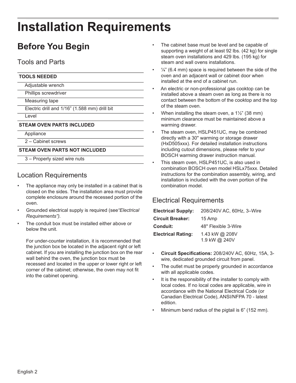 Installation requirements, Before you begin, Tools and parts | Location requirements, Electrical requirements | Bosch HSLP451UC User Manual | Page 4 / 26