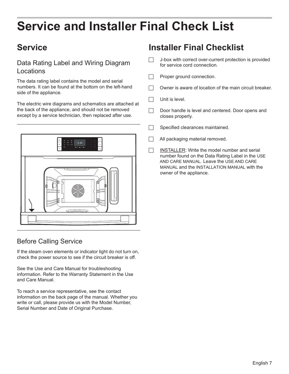 Service and installer final check list, Service, Installer final checklist | Data rating label and wiring diagram locations, Before calling service | Bosch HSLP451UC User Manual | Page 9 / 26