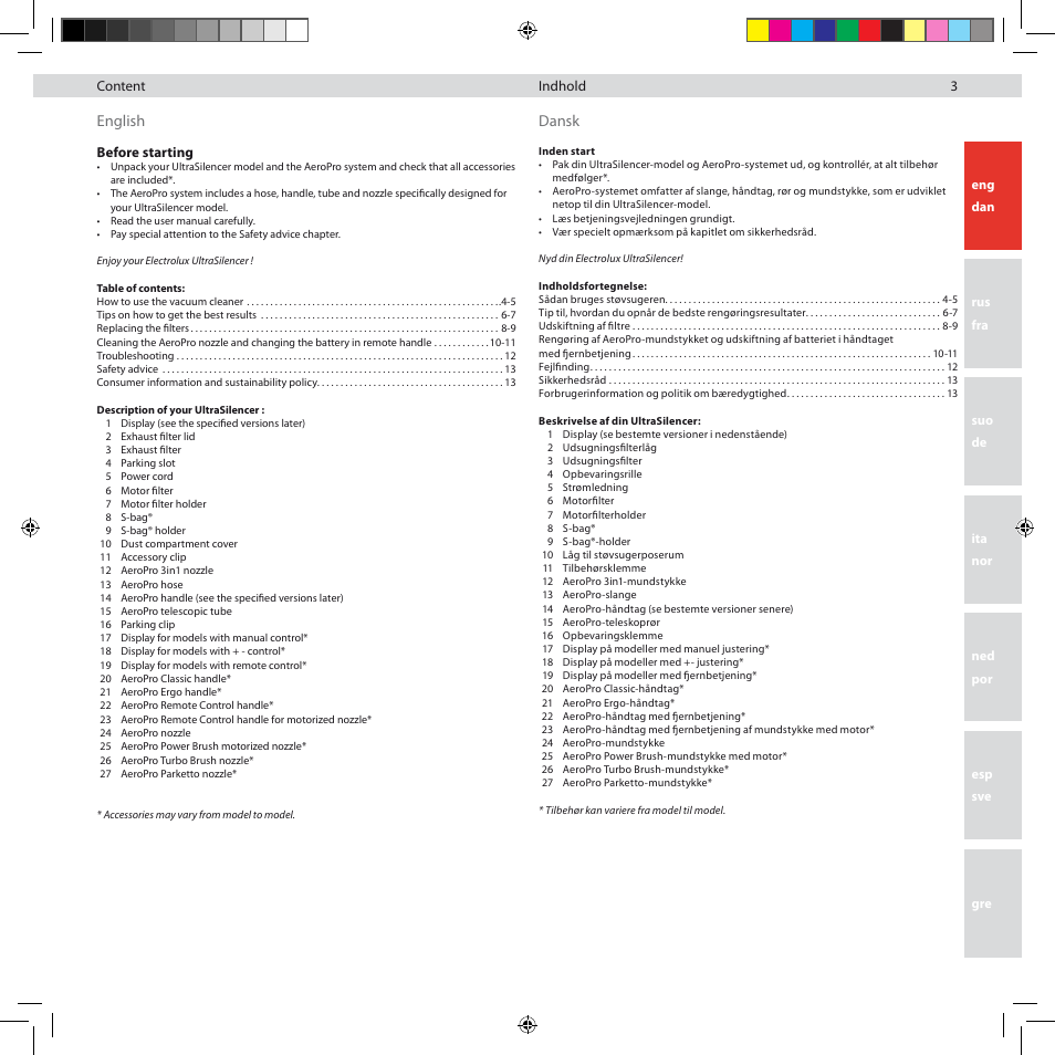 English dansk | Electrolux ZUS3922B User Manual | Page 5 / 92