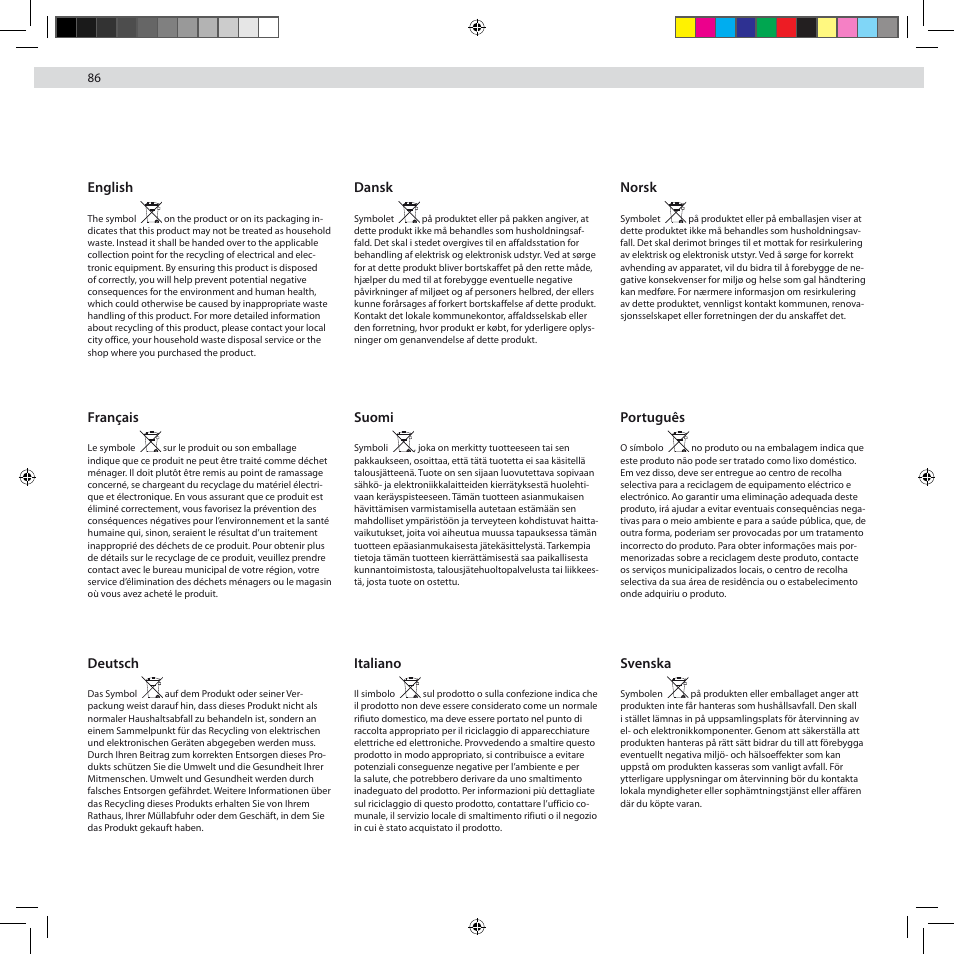 English, Dansk, Français | Deutsch, Suomi, Italiano, Norsk, Português, Svenska | Electrolux ZUS3922B User Manual | Page 88 / 92