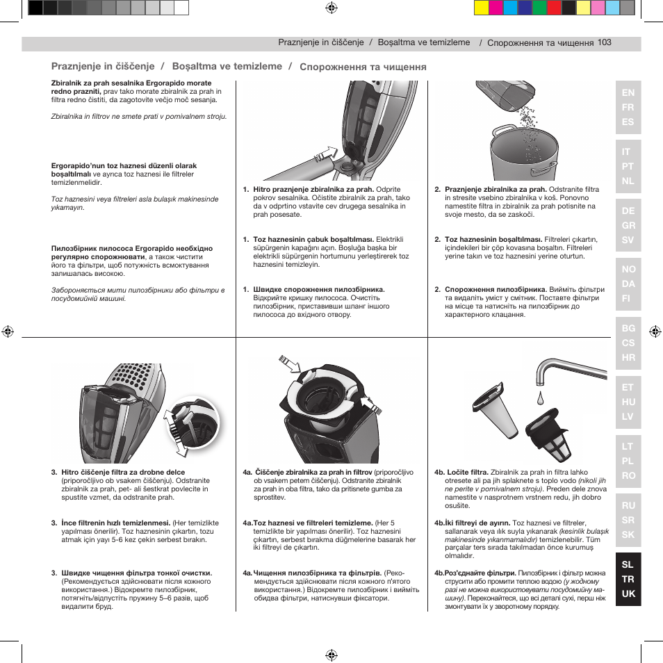 Praznjenje in čiščenje, Boşaltma ve temizleme, Спорожнення та чищення | Electrolux ZB2932 User Manual | Page 105 / 112