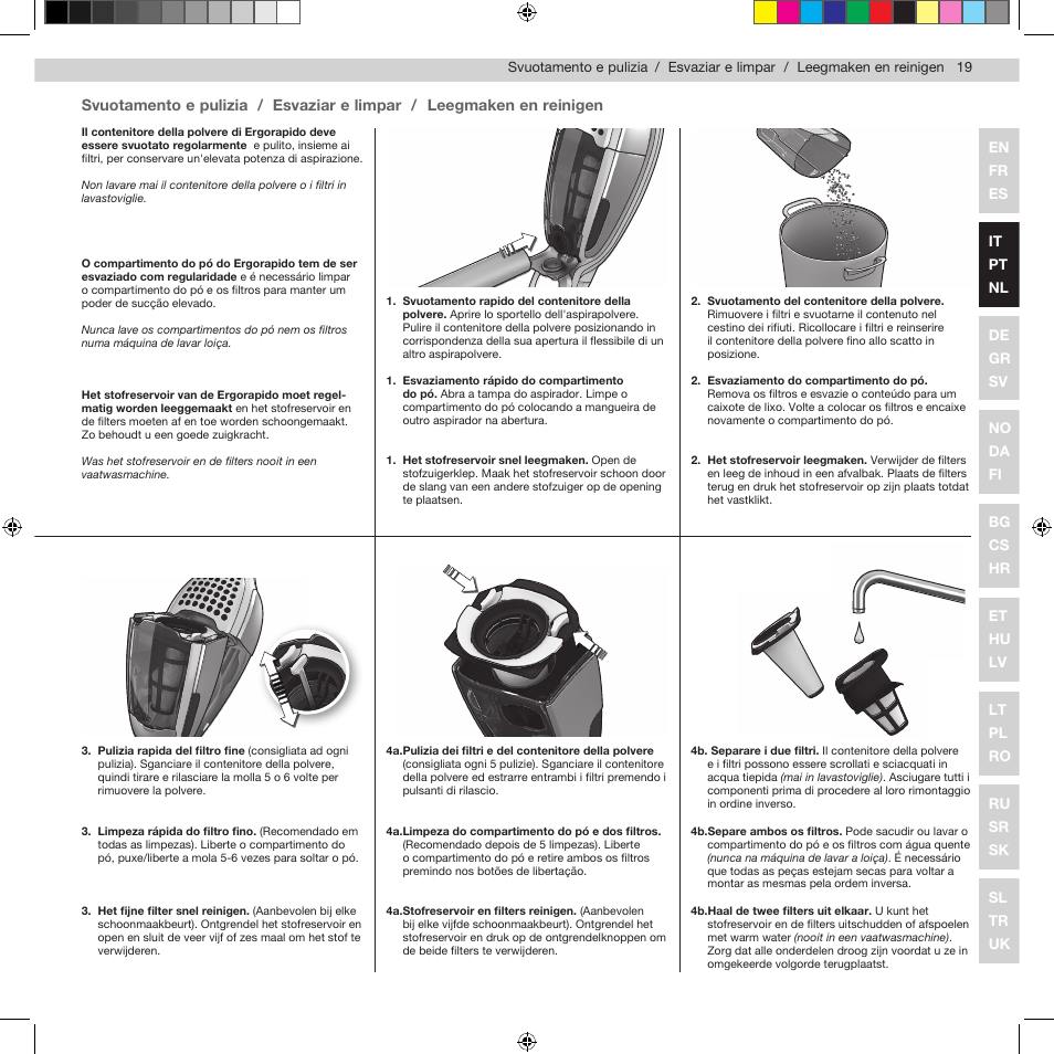 Svuotamento e pulizia, Esvaziar e limpar, Leegmaken en reinigen | Electrolux ZB2932 User Manual | Page 21 / 112