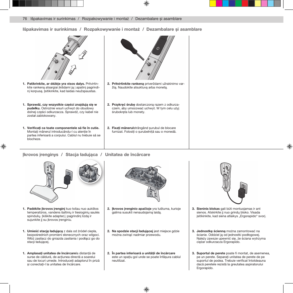 Išpakavimas ir surinkimas / įkrovos įrenginys, Rozpakowywanie i montaż / stacja ładująca, Dezambalare şi asamblare unitatea de încărcare | Electrolux ZB2932 User Manual | Page 78 / 112