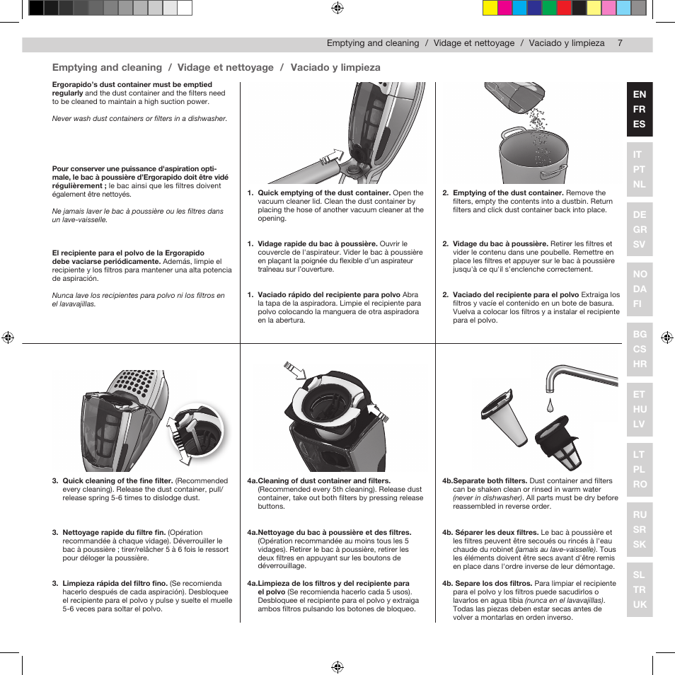Emptying and cleaning, Vidage et nettoyage, Vaciado y limpieza | Electrolux ZB2932 User Manual | Page 9 / 112