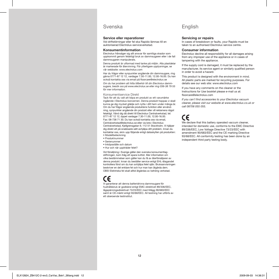 Svenska, English | Electrolux ZB412C User Manual | Page 12 / 60