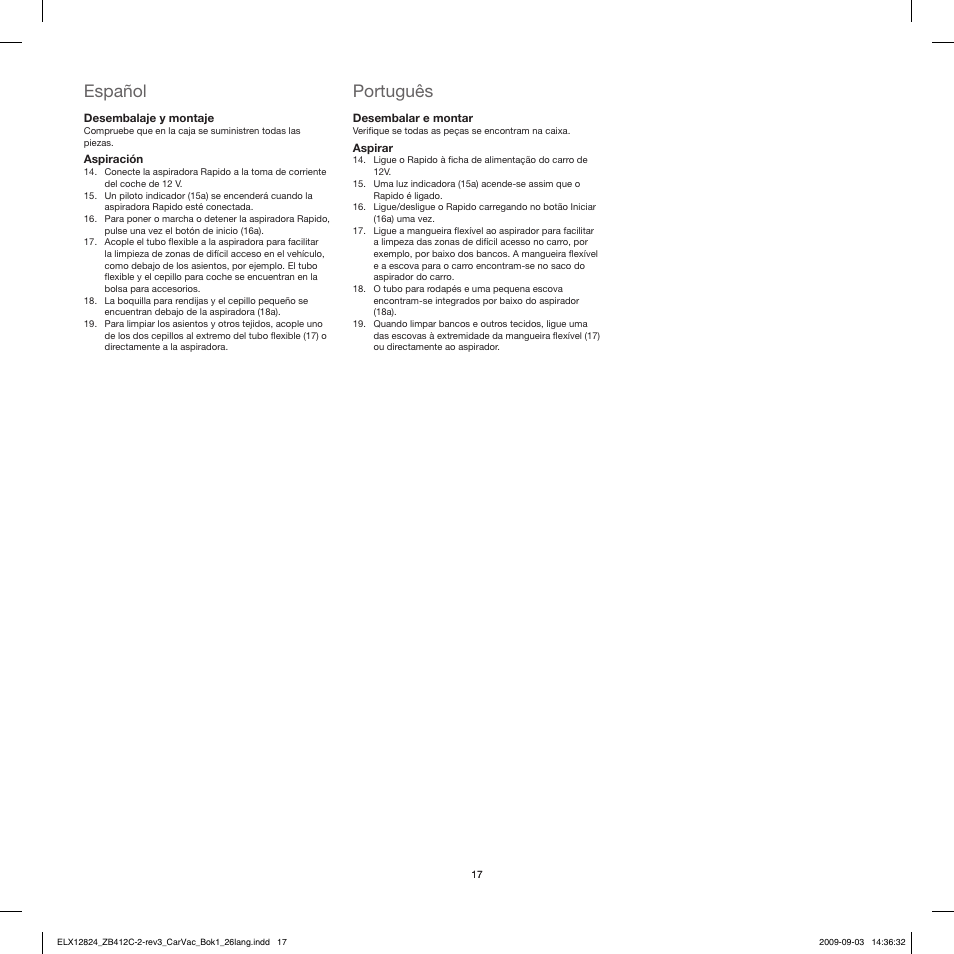 Español, Português | Electrolux ZB412C User Manual | Page 17 / 60