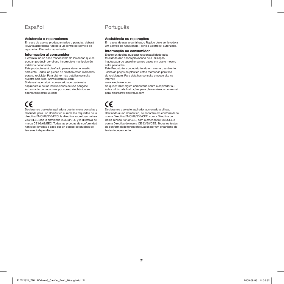 Español, Português | Electrolux ZB412C User Manual | Page 21 / 60