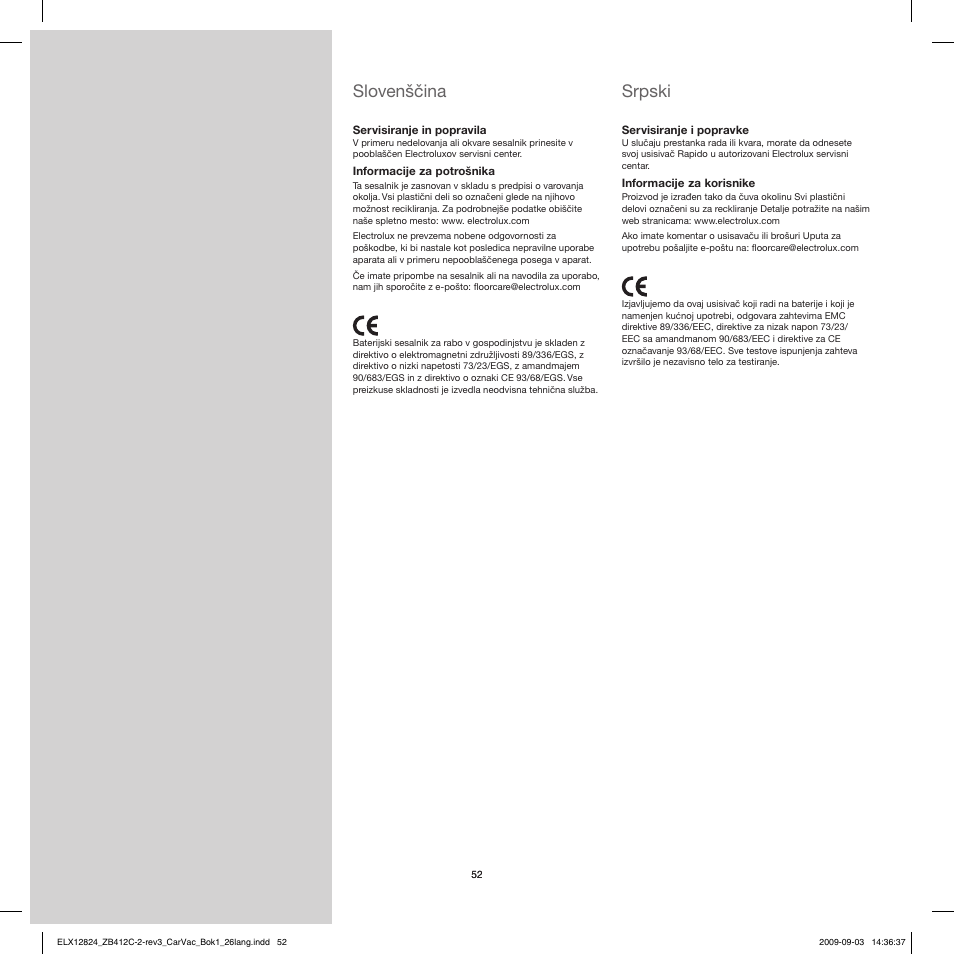 Srpski, Slovenščina | Electrolux ZB412C User Manual | Page 52 / 60