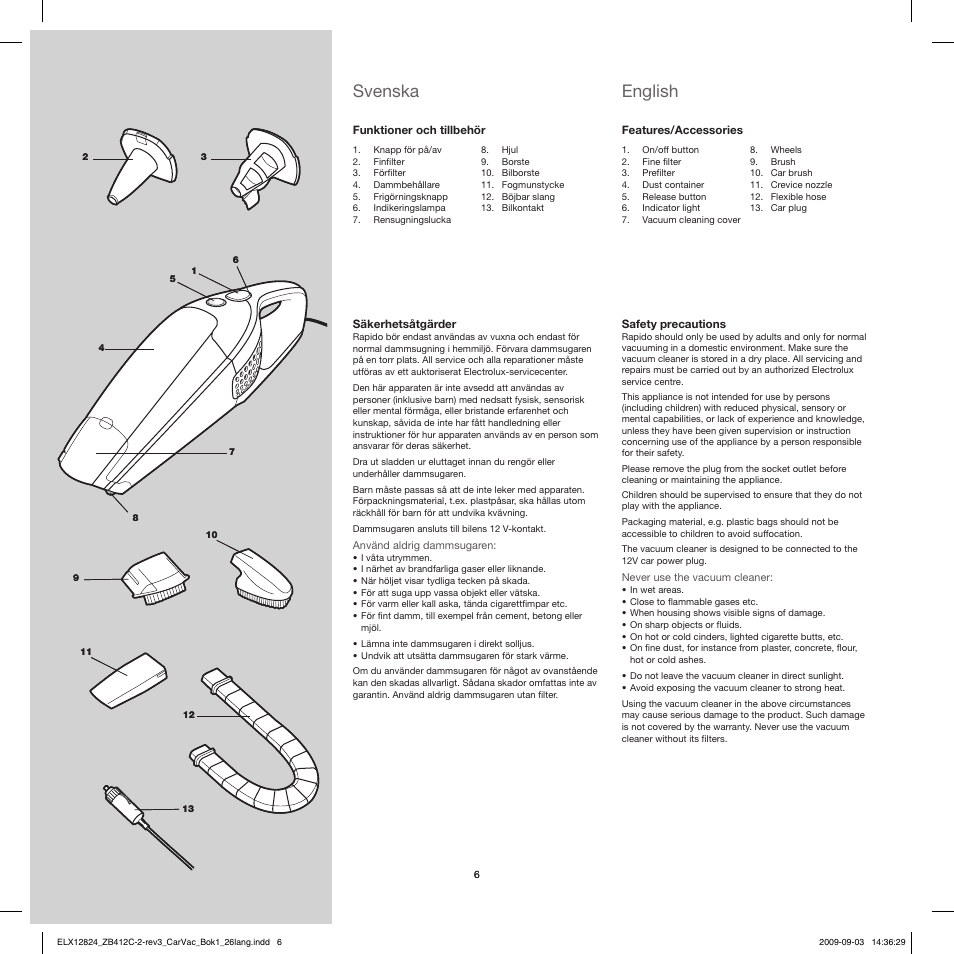 Svenska, English | Electrolux ZB412C User Manual | Page 6 / 60