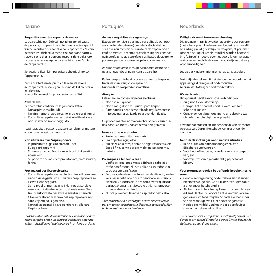 Italiano, Português, Nederlands | Electrolux ZJM6840 User Manual | Page 41 / 96