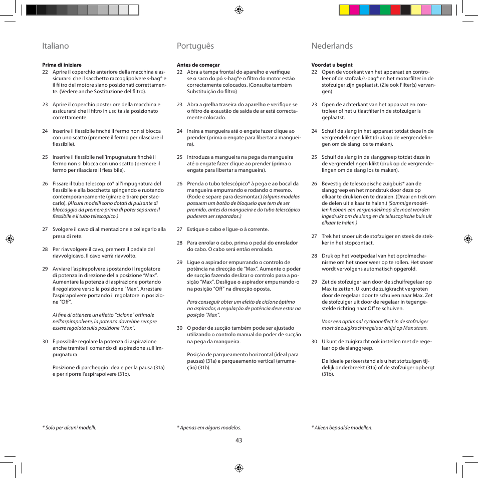 Italiano, Português, Nederlands | Electrolux ZJM6840 User Manual | Page 43 / 96