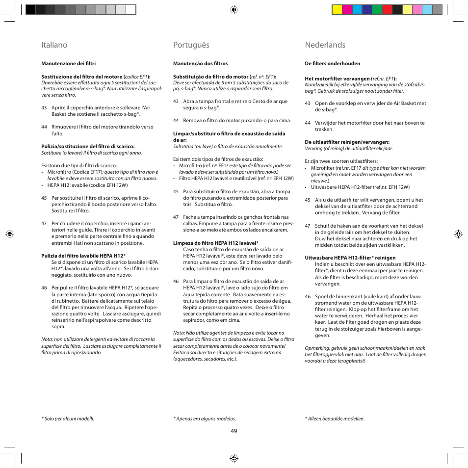 Italiano, Português, Nederlands | Electrolux ZJM6840 User Manual | Page 49 / 96