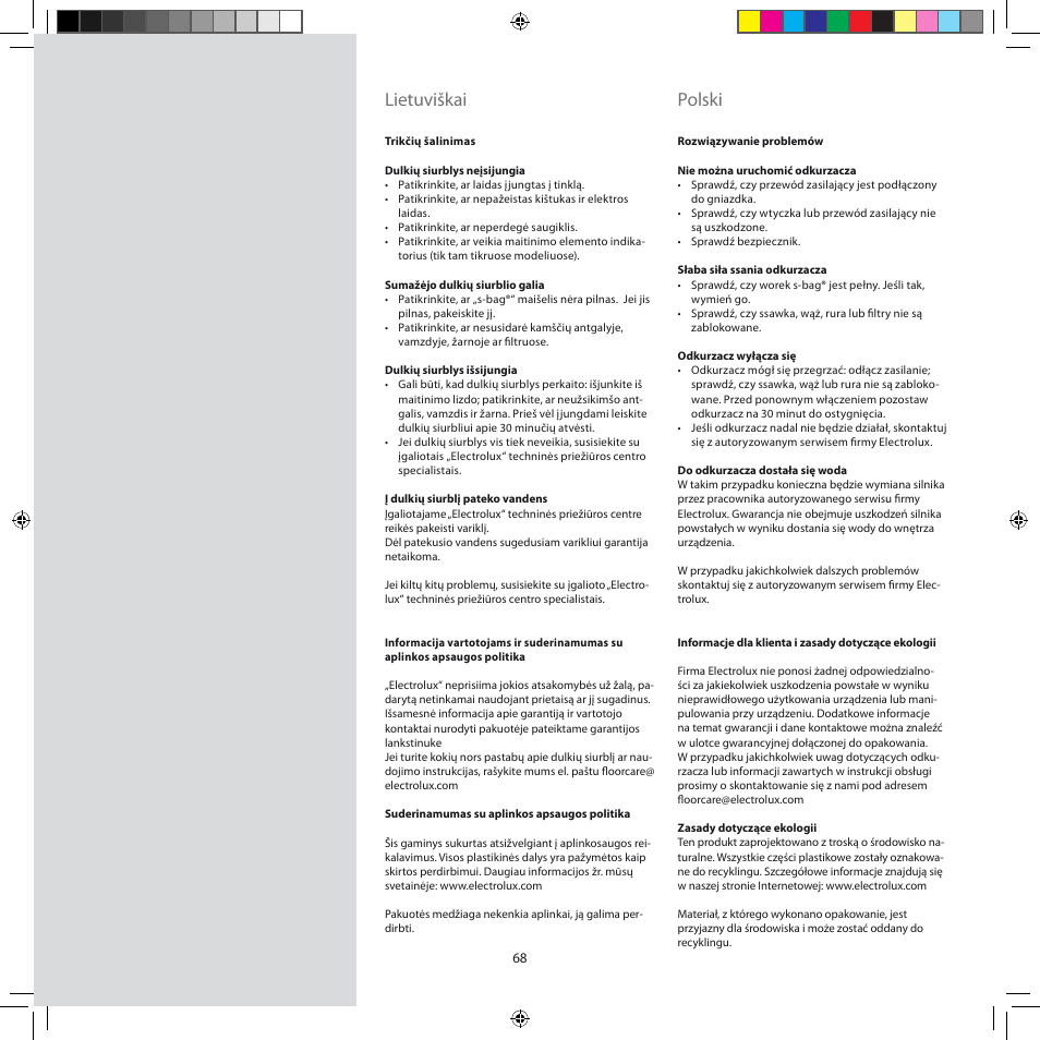 Lietuviškai, Polski | Electrolux ZJM6840 User Manual | Page 68 / 96