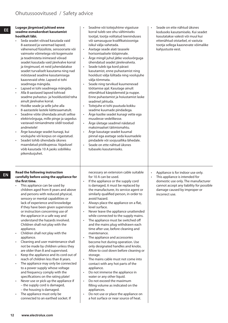 Safety advice, Ohutussoovitused | Electrolux EKF3230 User Manual | Page 12 / 60