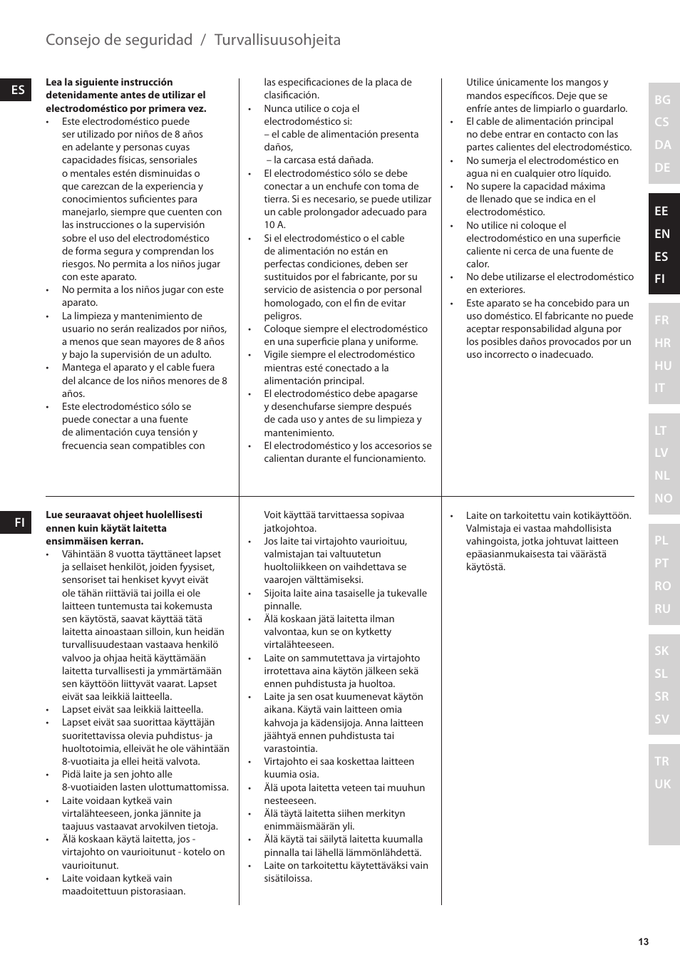 Consejo de seguridad, Turvallisuusohjeita | Electrolux EKF3230 User Manual | Page 13 / 60