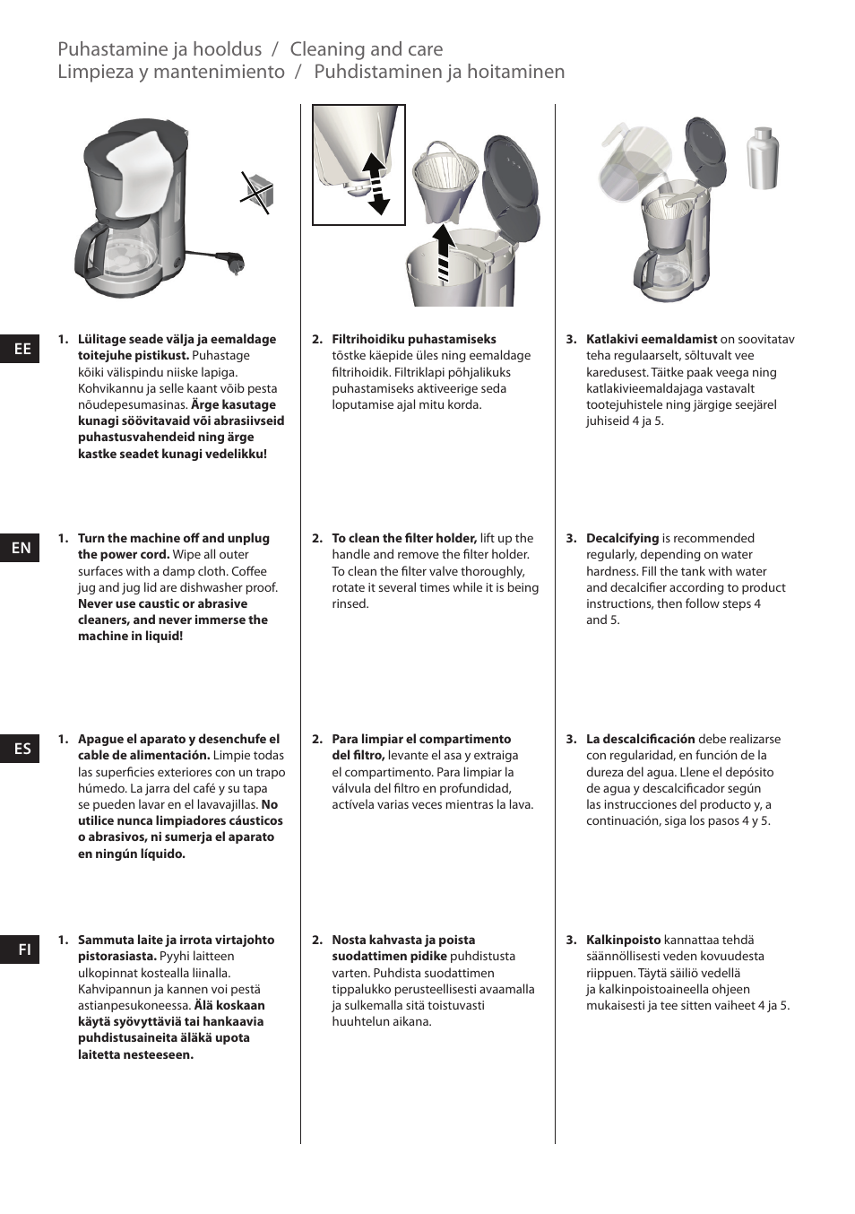 Cleaning and care, Limpieza y mantenimiento, Puhdistaminen ja hoitaminen | Puhastamine ja hooldus | Electrolux EKF3230 User Manual | Page 16 / 60