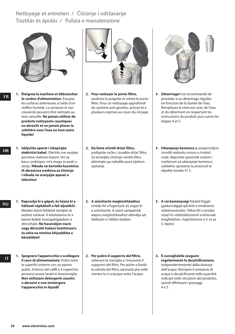 Nettoyage et entretien, Pulizia e manutenzione, Tisztítás és ápolás | Čišćenje i održavanje | Electrolux EKF3230 User Manual | Page 24 / 60