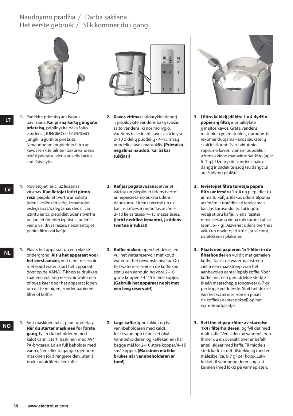 Het eerste gebruik, Slik kommer du i gang, Darba sākšana | Naudojimo pradžia | Electrolux EKF3230 User Manual | Page 30 / 60