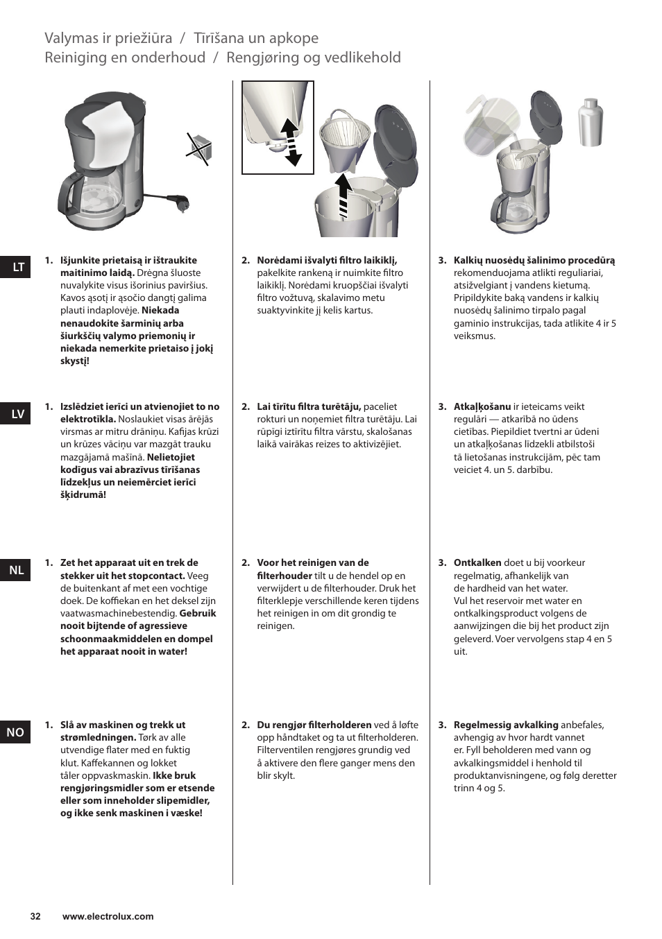 Reiniging en onderhoud, Rengjøring og vedlikehold, Tīrīšana un apkope | Valymas ir priežiūra | Electrolux EKF3230 User Manual | Page 32 / 60