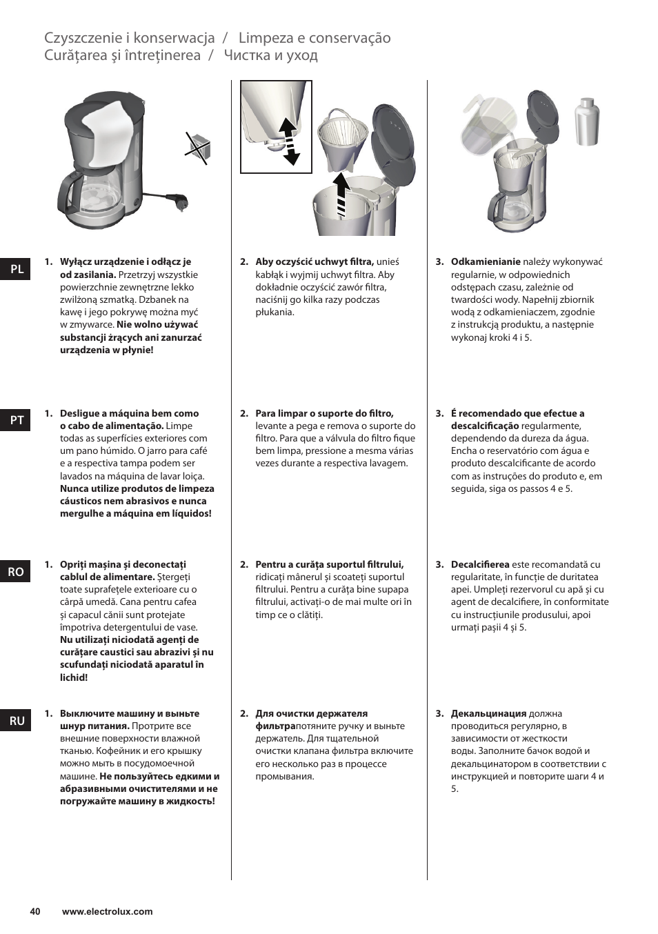 Limpeza e conservação, Чистка и уход, Czyszczenie i konserwacja | Curăţarea şi întreţinerea | Electrolux EKF3230 User Manual | Page 40 / 60