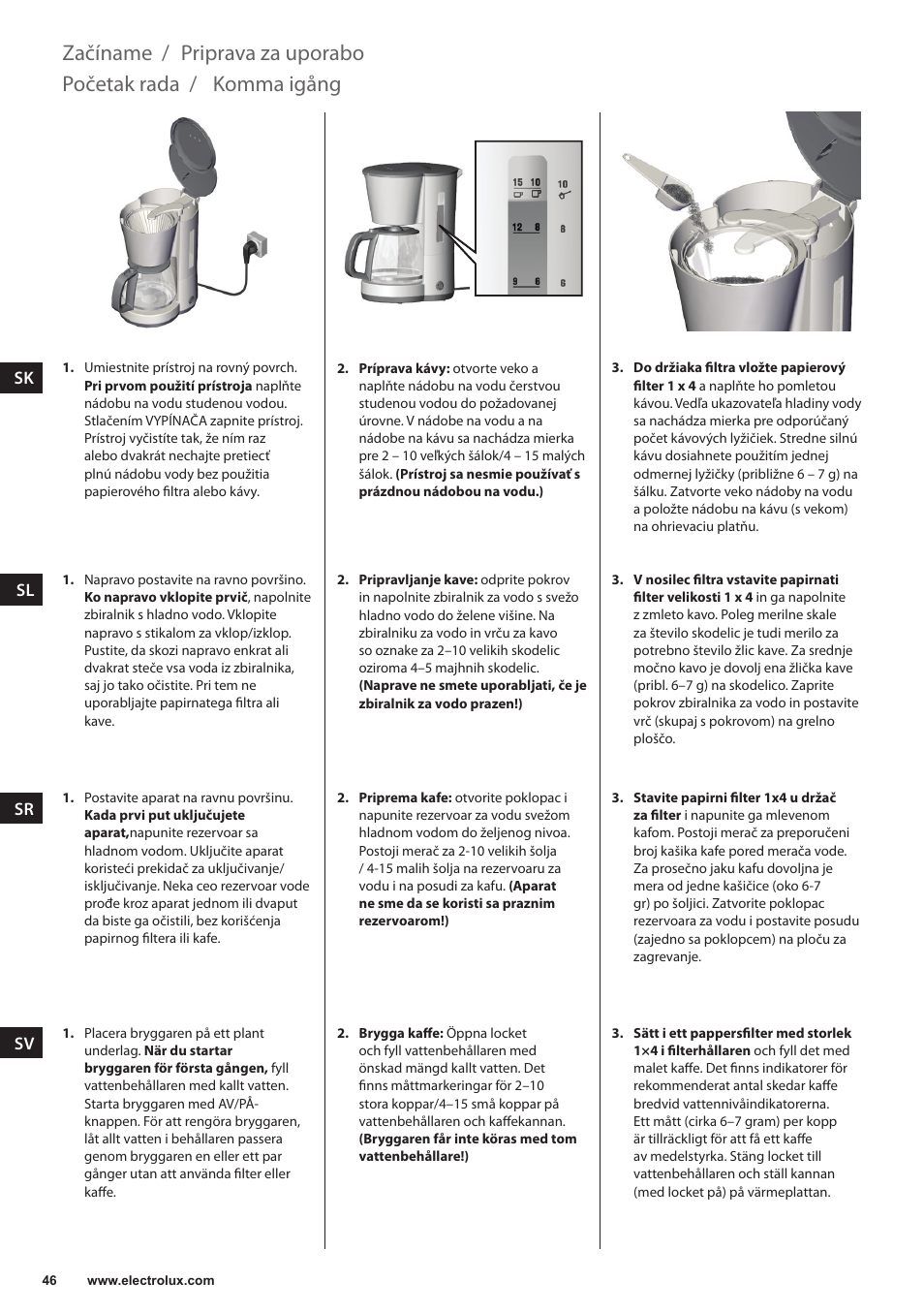 Komma igång, Začíname, Početak rada | Priprava za uporabo | Electrolux EKF3230 User Manual | Page 46 / 60