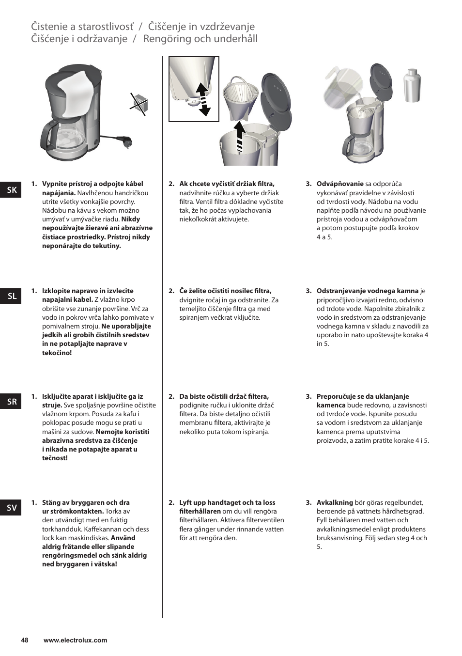 Rengöring och underhåll, Čistenie a starostlivosť, Čišćenje i održavanje | Čiščenje in vzdrževanje | Electrolux EKF3230 User Manual | Page 48 / 60