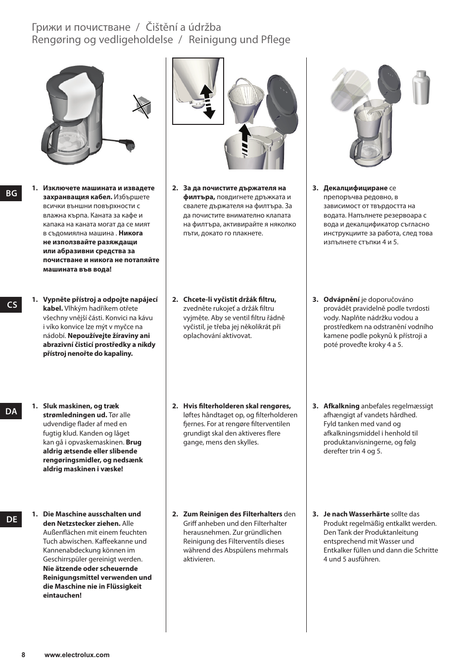 Reinigung und pflege, Rengøring og vedligeholdelse, Čištění a údržba | Грижи и почистване | Electrolux EKF3230 User Manual | Page 8 / 60