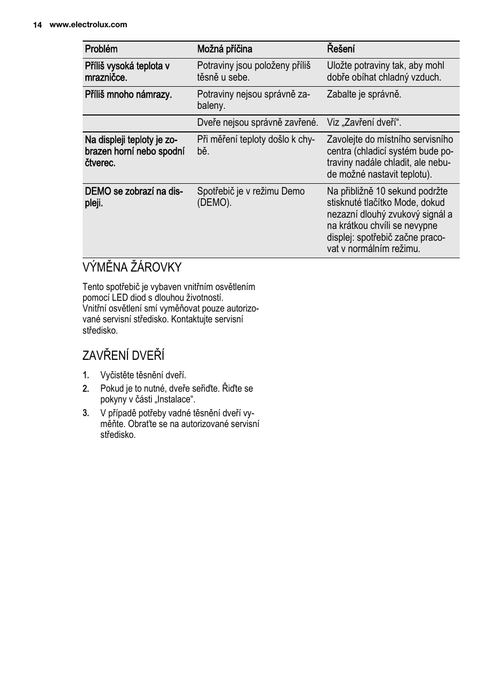Výměna žárovky, Zavření dveří | Electrolux ENG2913AOW User Manual | Page 14 / 60