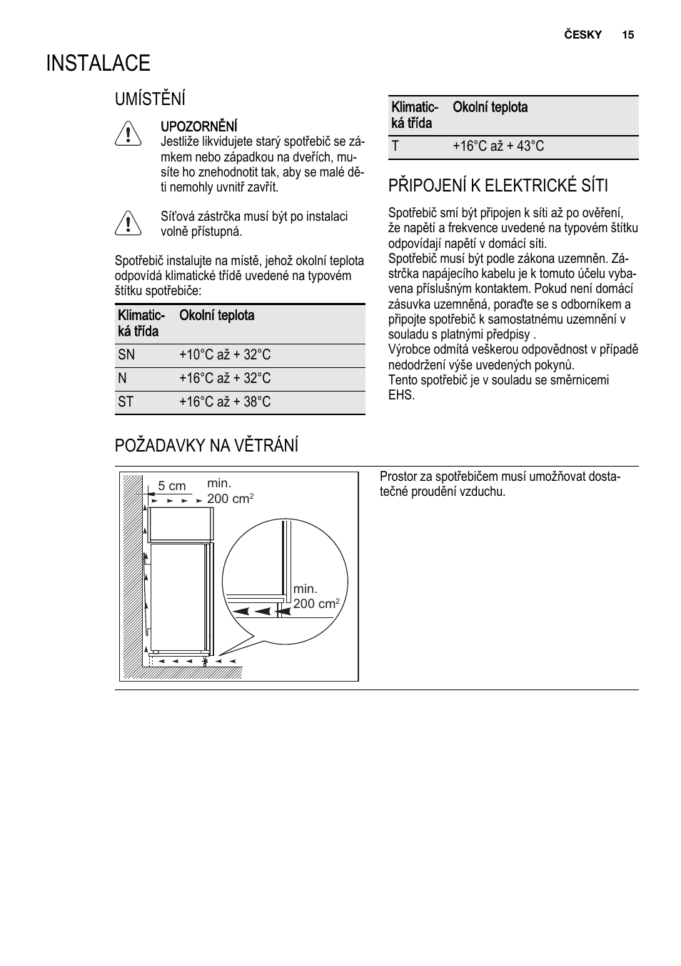 Instalace, Umístění, Připojení k elektrické síti | Požadavky na větrání | Electrolux ENG2913AOW User Manual | Page 15 / 60
