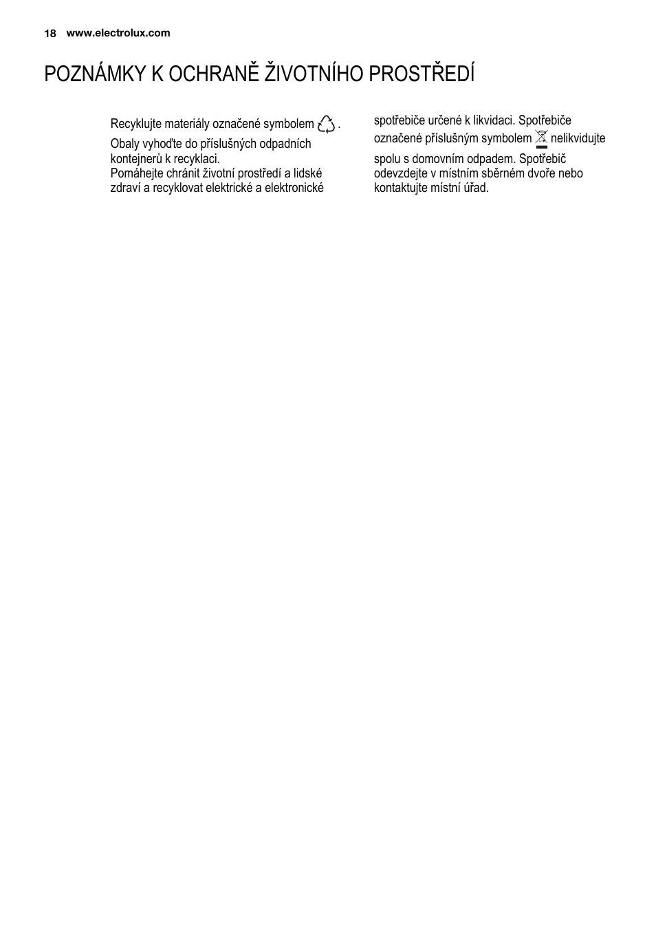 Poznámky k ochraně životního prostředí | Electrolux ENG2913AOW User Manual | Page 18 / 60