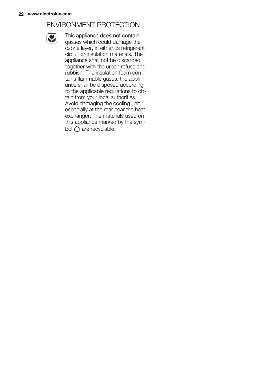 Environment protection | Electrolux ENG2913AOW User Manual | Page 22 / 60