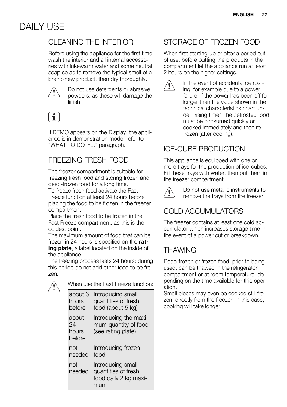 Daily use, Cleaning the interior, Freezing fresh food | Storage of frozen food, Ice-cube production, Cold accumulators, Thawing | Electrolux ENG2913AOW User Manual | Page 27 / 60