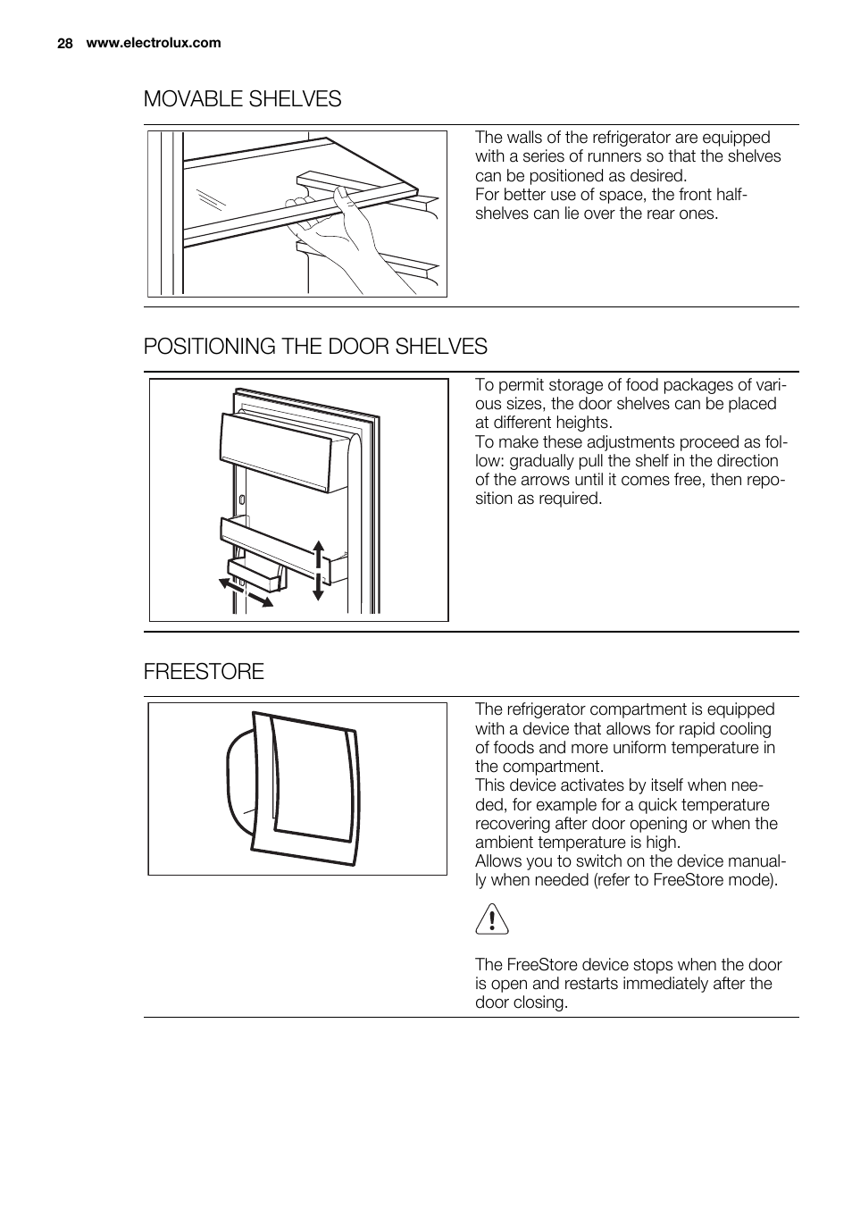 Movable shelves, Positioning the door shelves, Freestore | Electrolux ENG2913AOW User Manual | Page 28 / 60