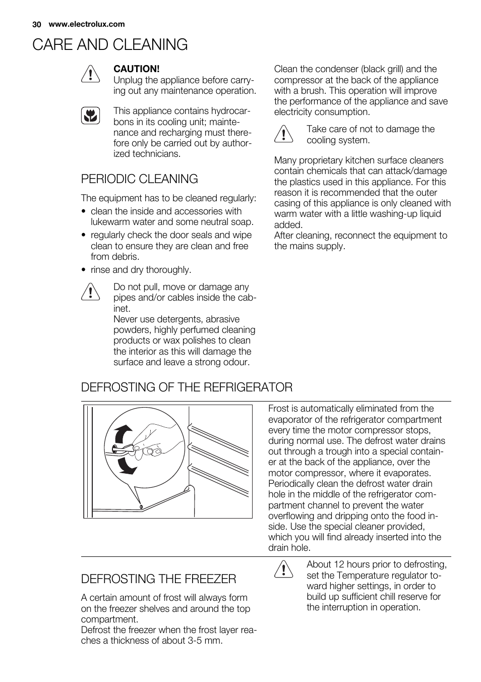 Care and cleaning, Periodic cleaning, Defrosting of the refrigerator | Defrosting the freezer | Electrolux ENG2913AOW User Manual | Page 30 / 60