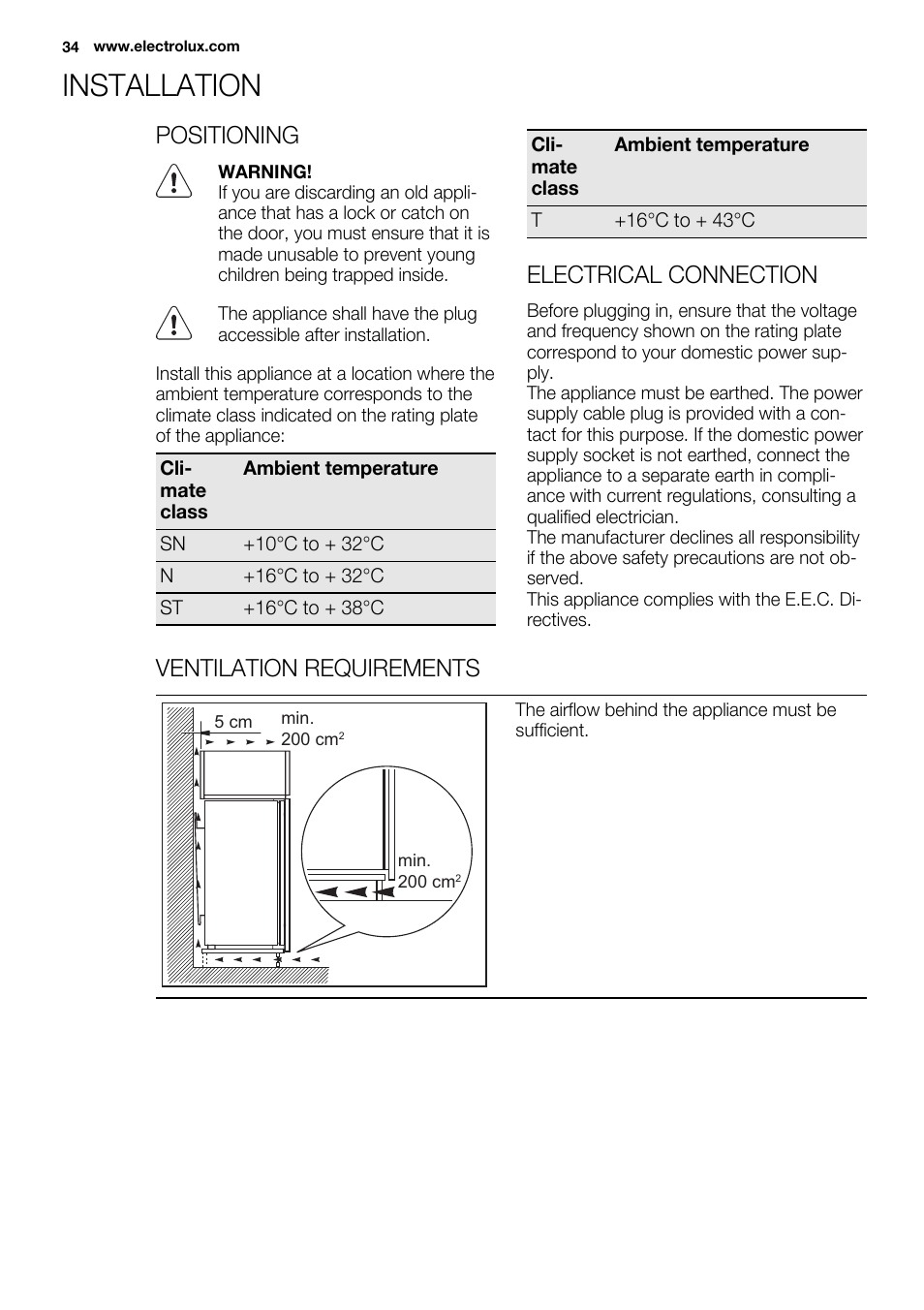 Installation, Positioning, Electrical connection | Ventilation requirements | Electrolux ENG2913AOW User Manual | Page 34 / 60