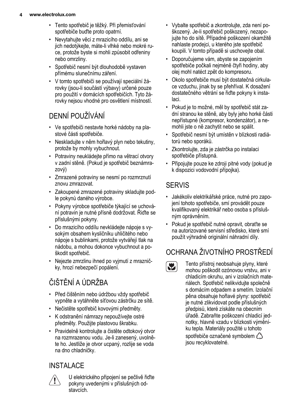 Denní používání, Čištění a údržba, Instalace | Servis, Ochrana životního prostředí | Electrolux ENG2913AOW User Manual | Page 4 / 60