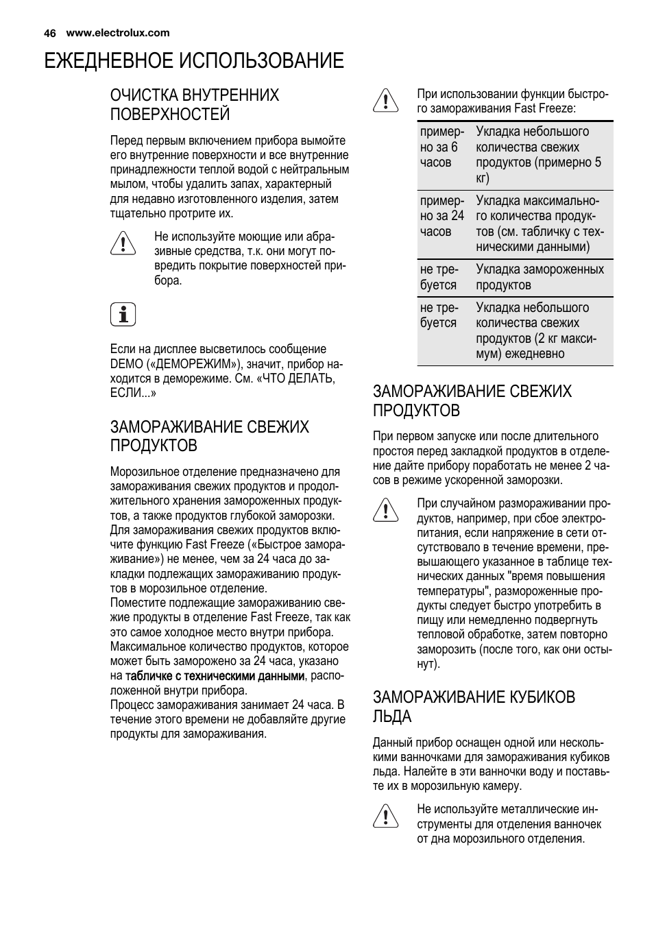 Ежедневное использование, Очистка внутренних поверхностей, Замораживание свежих продуктов | Замораживание кубиков льда | Electrolux ENG2913AOW User Manual | Page 46 / 60
