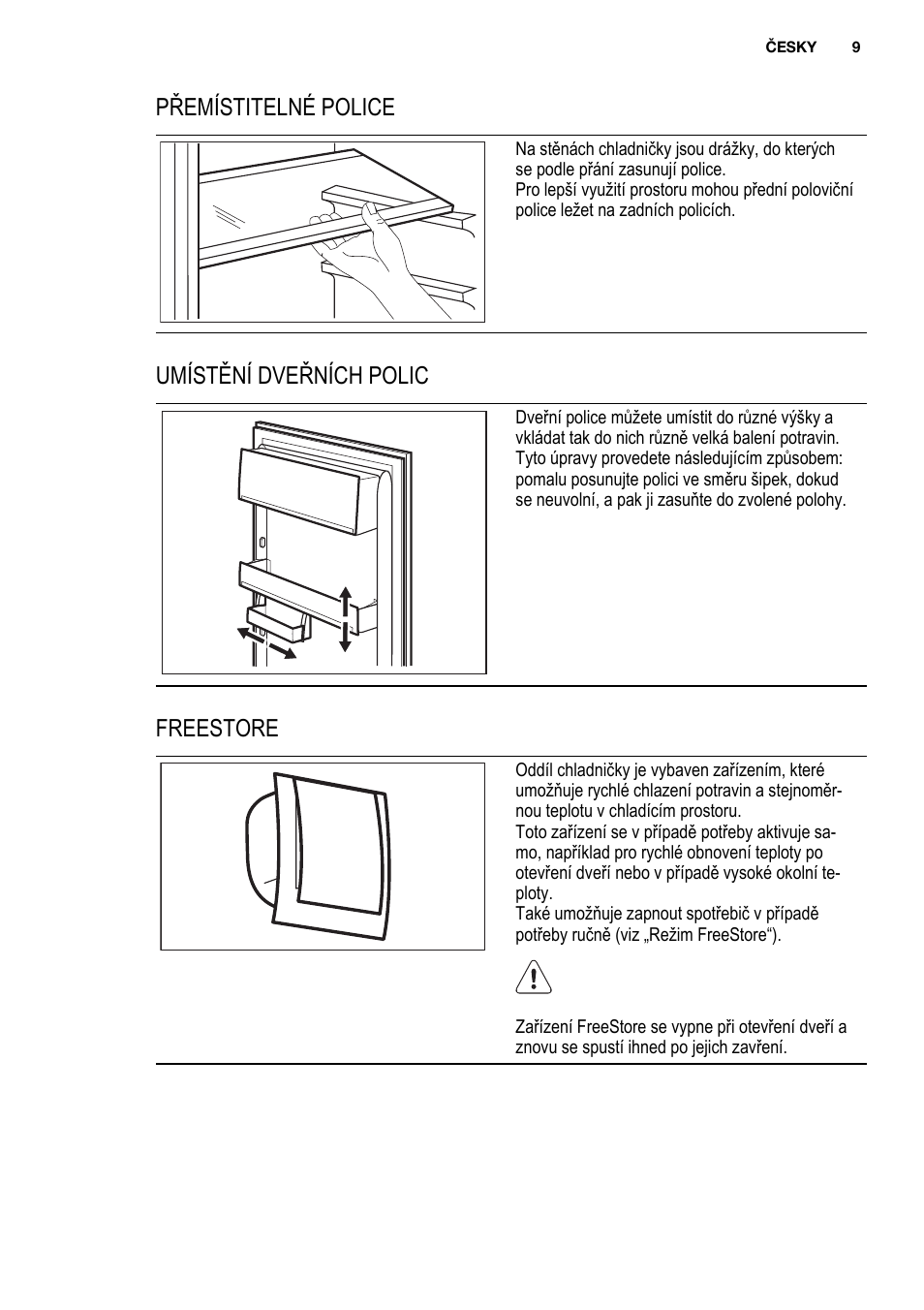 Přemístitelné police, Umístění dveřních polic, Freestore | Electrolux ENG2913AOW User Manual | Page 9 / 60