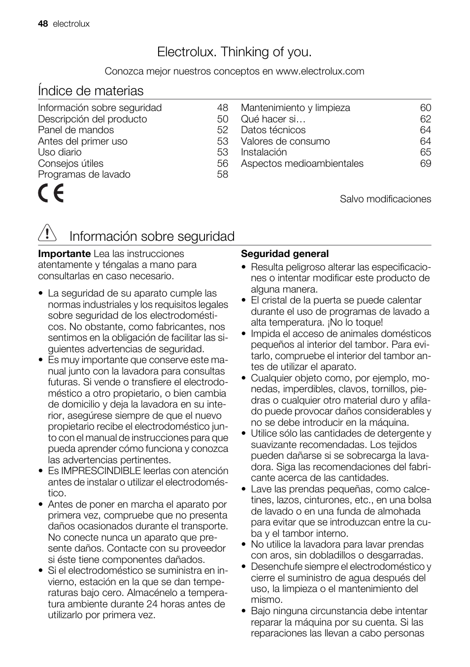 Electrolux. thinking of you, Índice de materias, Información sobre seguridad | Electrolux EWC1350 User Manual | Page 48 / 72