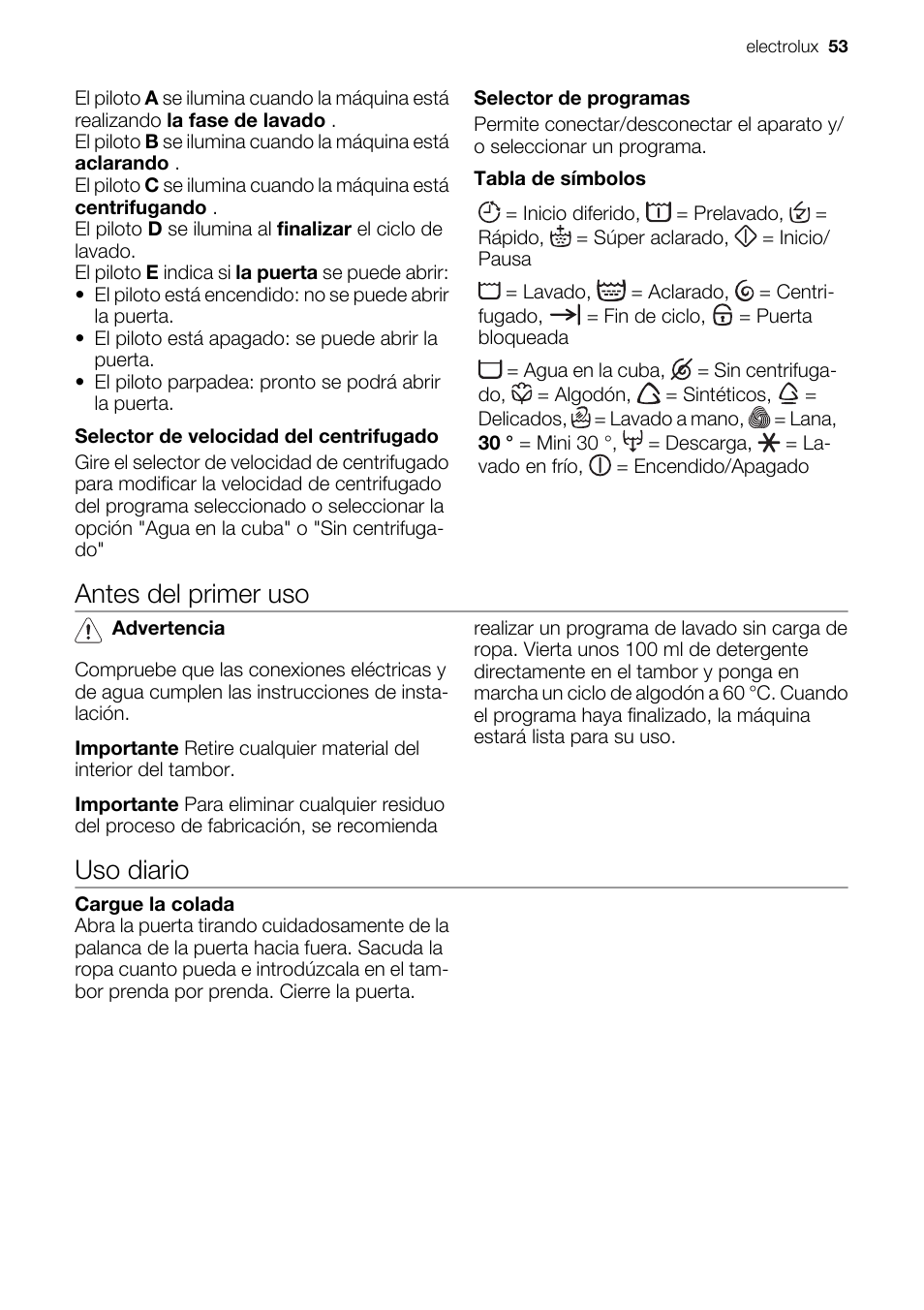 Antes del primer uso, Uso diario | Electrolux EWC1350 User Manual | Page 53 / 72