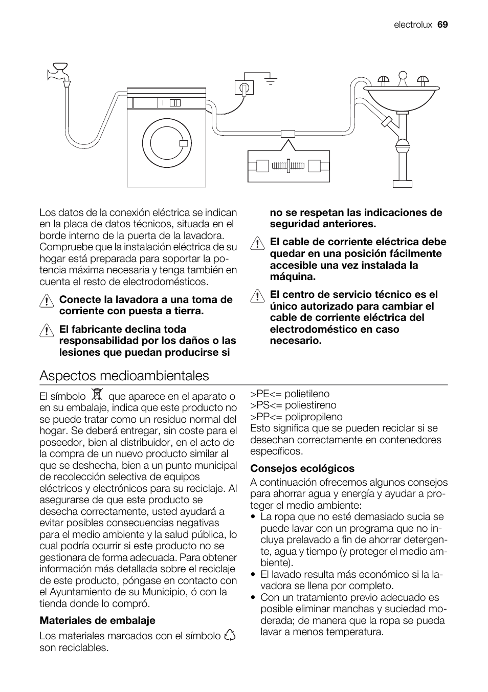 Aspectos medioambientales | Electrolux EWC1350 User Manual | Page 69 / 72