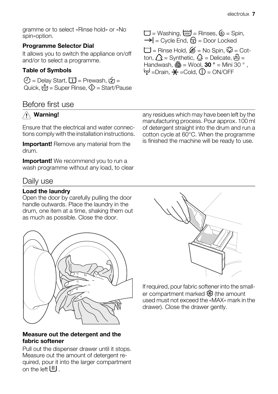 Before first use, Daily use | Electrolux EWC1350 User Manual | Page 7 / 72