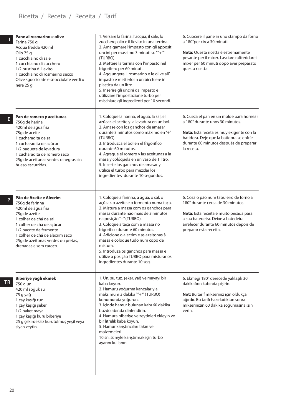 Ricetta, Receta, Receita | Tarif | Electrolux EHM6200 User Manual | Page 20 / 64