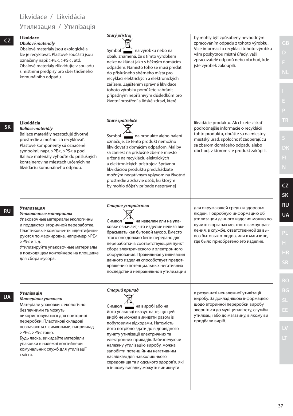 Likvidace, Likvidácia, Ʉʨʞʡʞʝʖʬʞʵ | Ʉʨʞʡʻʝʖʬʻʵ | Electrolux EHM6200 User Manual | Page 37 / 64