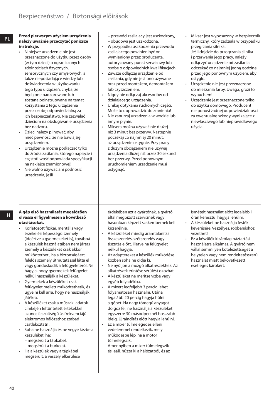 Bezpieczeństwo, Biztonsági előírások, Pl h | Electrolux EHM6200 User Manual | Page 40 / 64