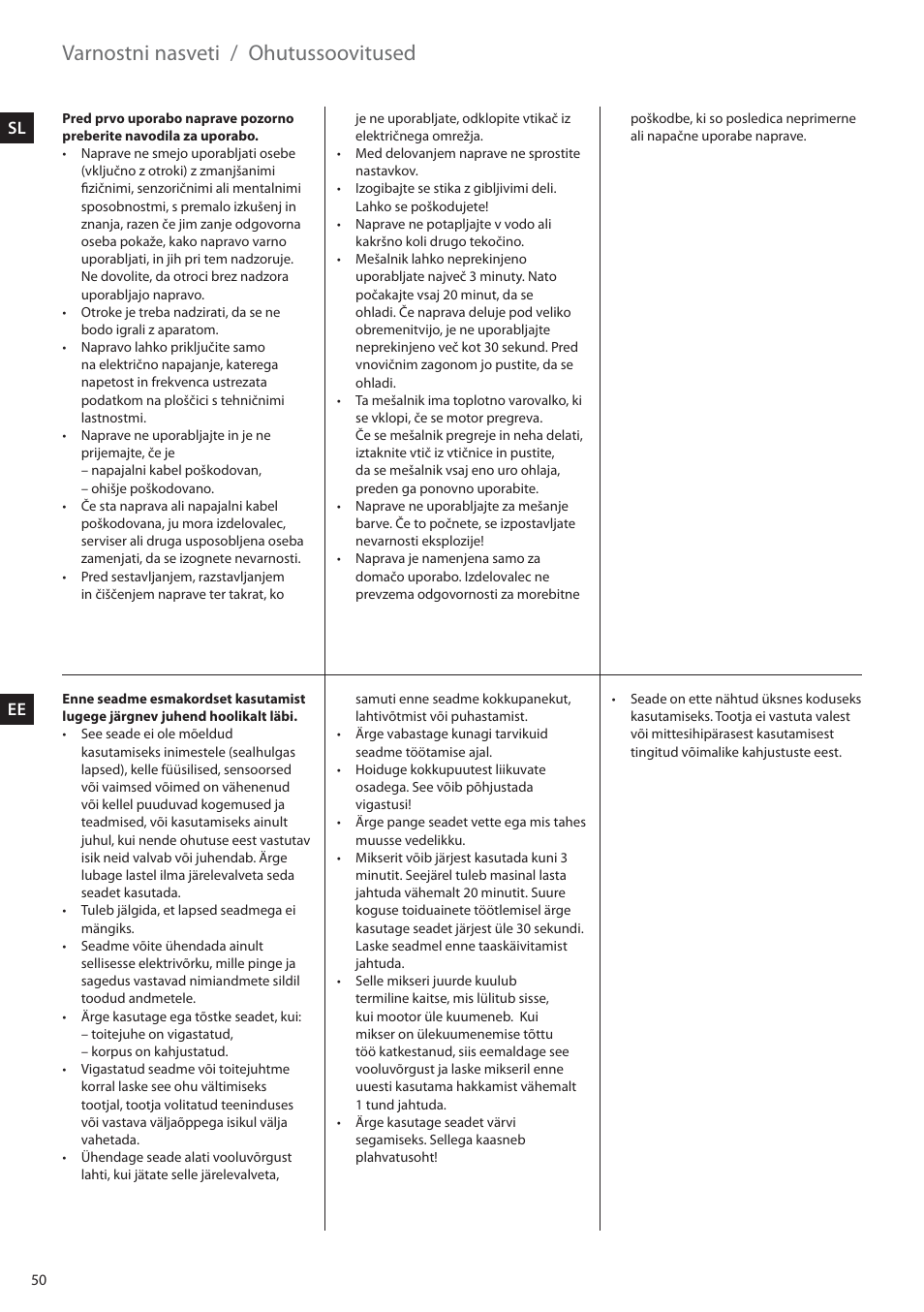 Varnostni nasveti, Ohutussoovitused, Sl ee | Electrolux EHM6200 User Manual | Page 50 / 64