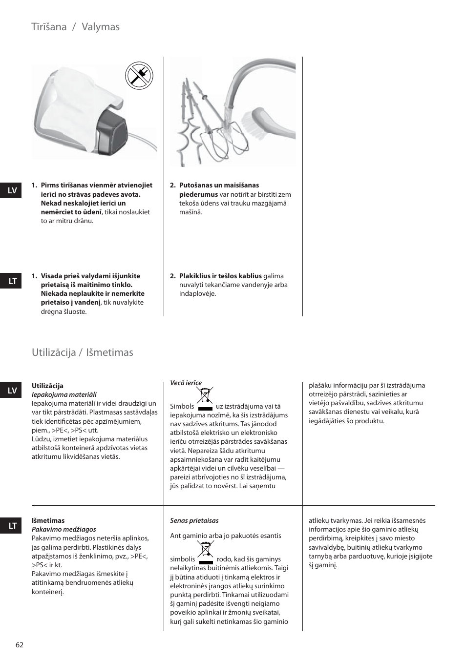 Tīrīšana, Utilizācija, Valymas | Išmetimas | Electrolux EHM6200 User Manual | Page 62 / 64