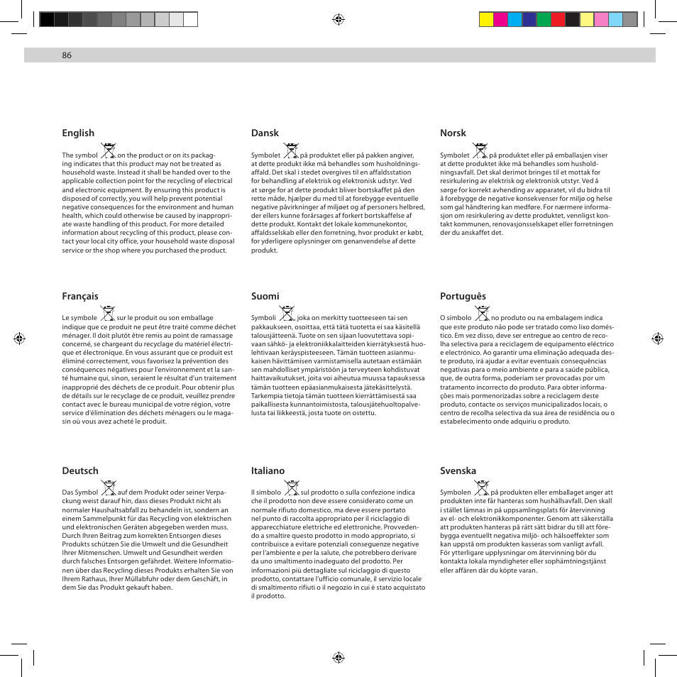 English, Dansk, Français | Deutsch, Suomi, Italiano, Norsk, Português, Svenska | Electrolux ZUP3860C User Manual | Page 88 / 92