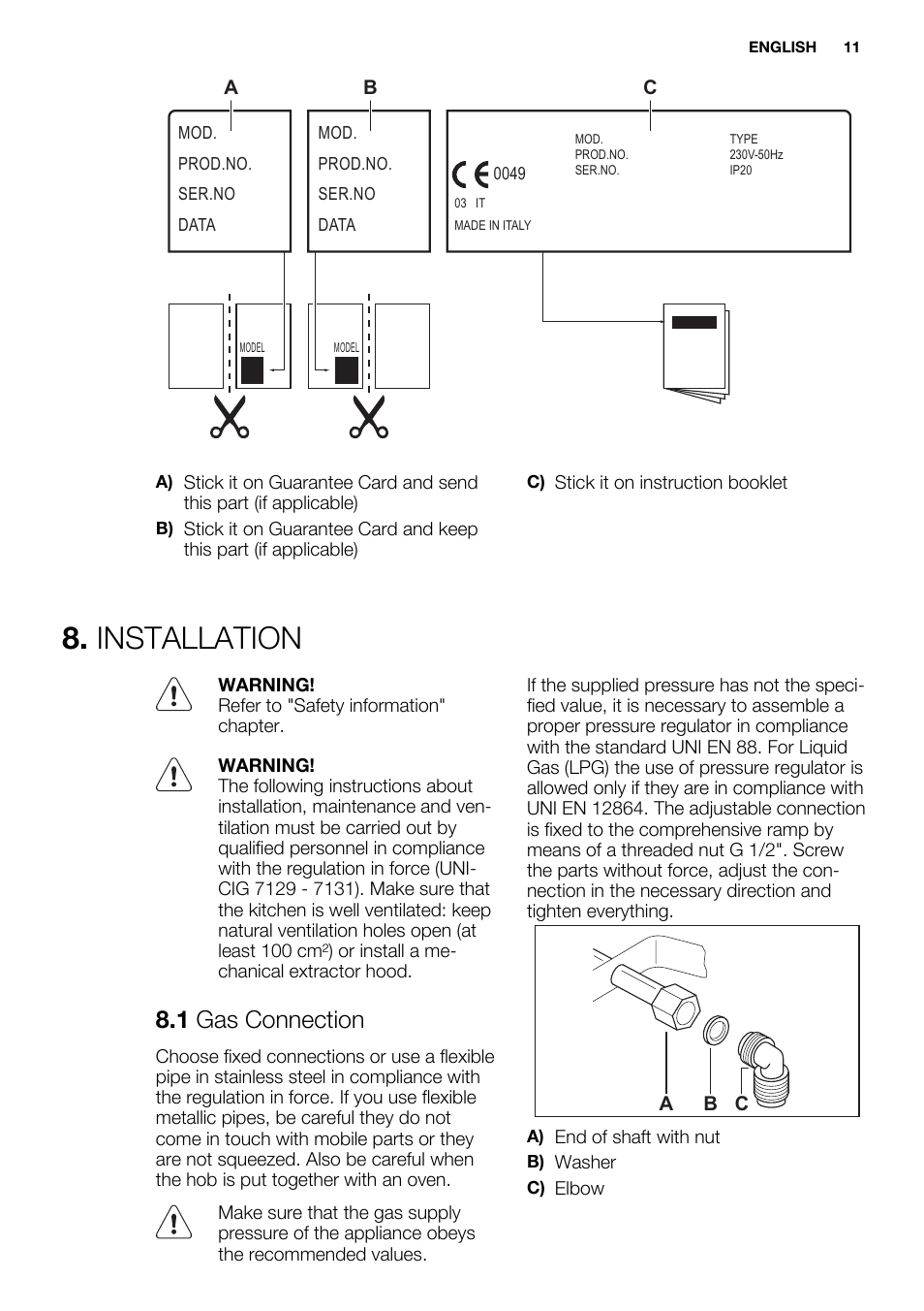 Installation, 1 gas connection | Electrolux EGG6242NOX User Manual | Page 11 / 48